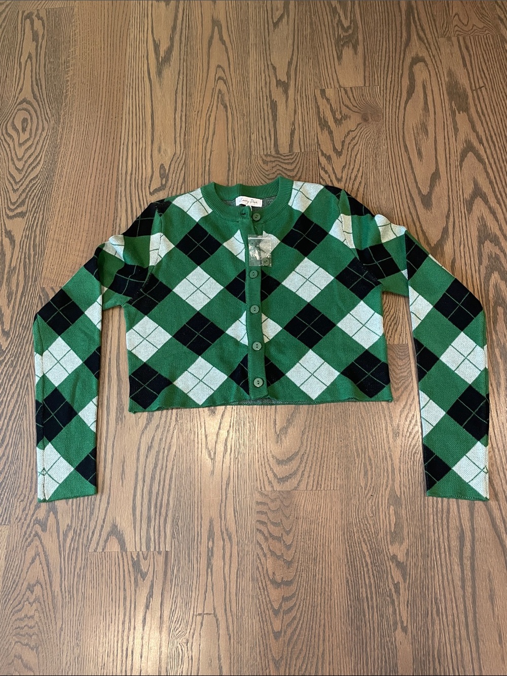 Emory Park Women’s Green and Black Argyle Cropped Cardigan, Size Small